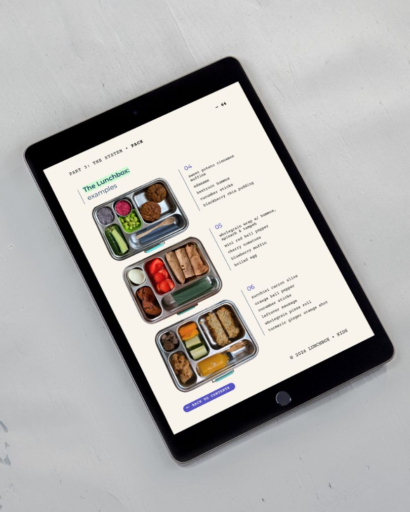 A tablet showing page 64, three example lunchboxes
