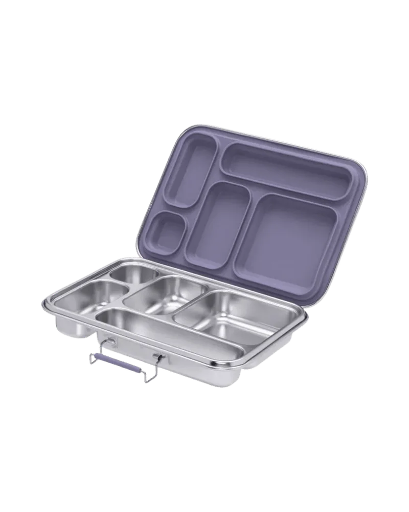 Open stainless-steel bento lunchbox with a periwinkle lid