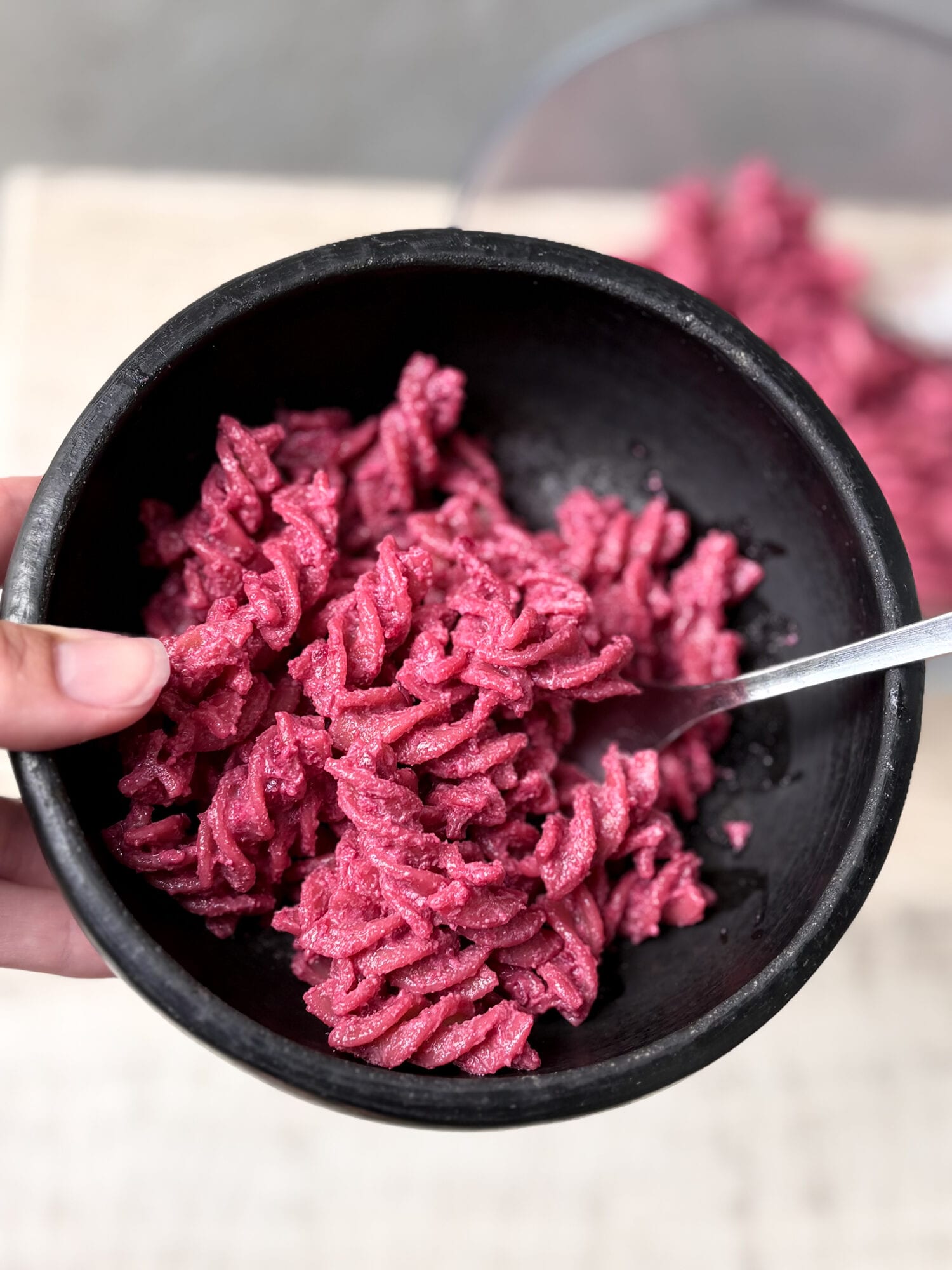 Beetroot pasta in a bowl