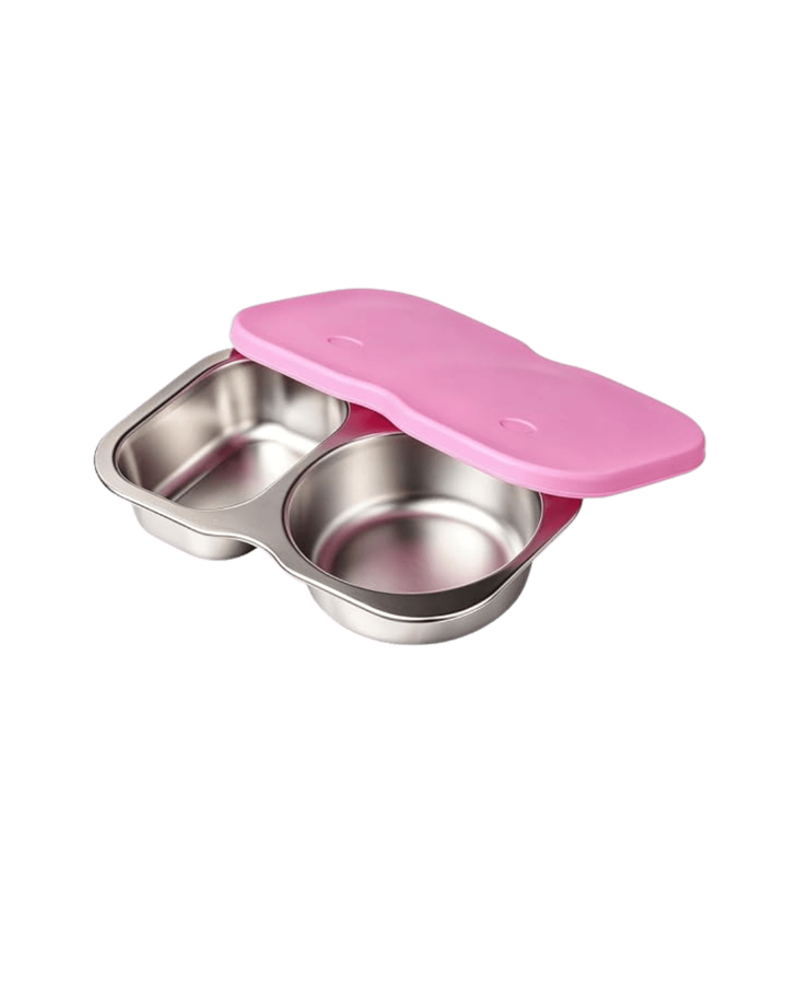Two-compartment stainless steel snack pot with a pink silicone lid