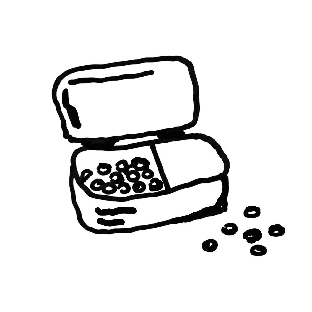 A hand-drawn illustration of an open lunchbox with berries inside and a few berries scattered nearby